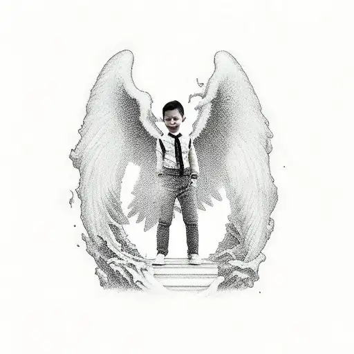 silhouette of little boy, into a grown man standing at the top of the heavenly stairs  tattoo design idea