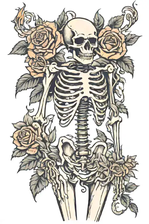 skeleton holding burning roses vines tattoo design idea