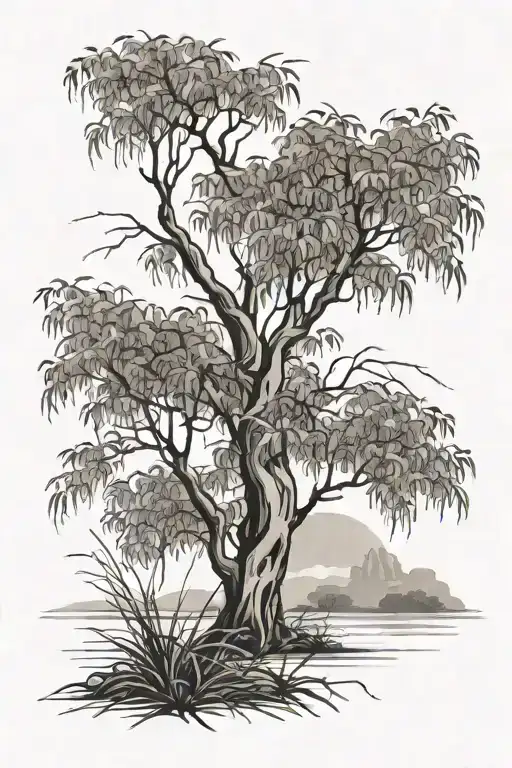 willow tree, hazel tree, reed grass tattoo design idea