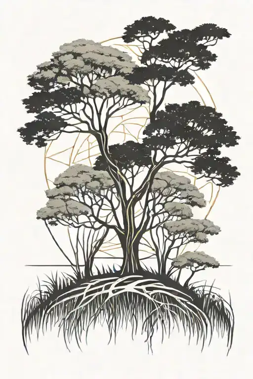 willow tree, hazel tree, reed grass field tattoo design idea