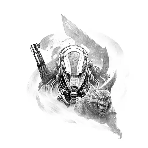 An intricate sleeve tattoo merging elements from Mass Effect and The Witcher universe tattoo design idea