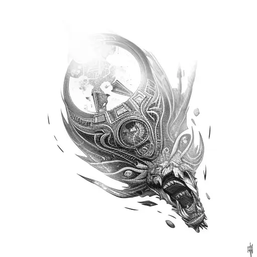 An intricate sleeve tattoo merging elements from Mass Effect and The Witcher universe tattoo design idea