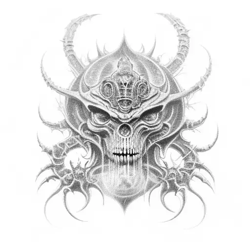 Combine elements of stoner doom metal and Giger art to create a futuristic demon design tattoo design idea