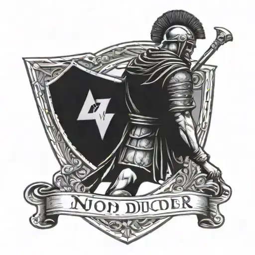 A Roman Soldier with a shield standing with lightining behind him. The words "Non ducor, duco"" udnder it  tattoo design idea