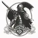 A Roman Soldier with a shield standing with lightining behind him. The words "Non ducor, duco"" udnder it  tattoo design idea