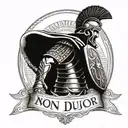 A Roman Soldier with a shield standing with lightining behind him. The words "Non ducor, duco"" udnder it  tattoo design idea