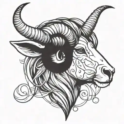 tattoo sketch in graphic style. Image of a girl with Aries horns, loose hair, beautiful eyes with long eyelashes, tattoo design idea