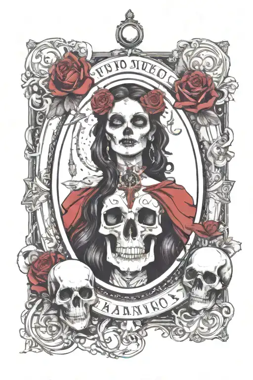 tarot card featuring a girls face and skull within an hourglass memento mori at the top and memento vivire at the bottom tattoo design idea