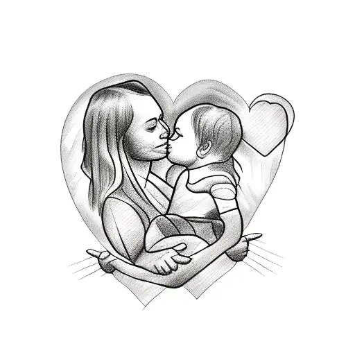 A sketch-style tattoo of a mother and child holding hands, surrounded by a heart-shaped outline filled with intricate patterns, representing the client's deep love for their child and family tattoo design idea