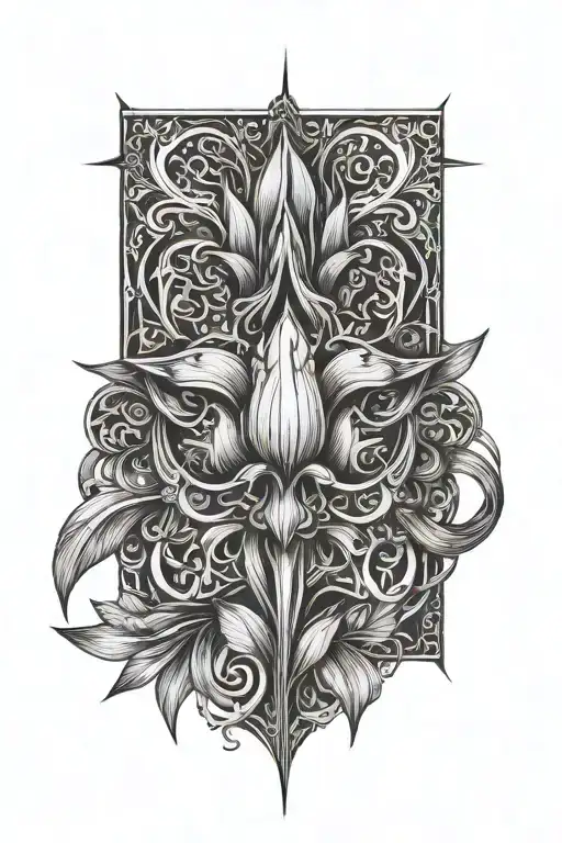 tulip flower, crown of thorns, a cross with wings spread tattoo design idea
