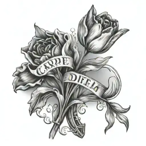 tulip flower, cross, reaching hands pointing towards, carpe diem text tattoo design idea
