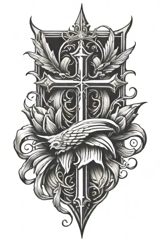 tulip flower, crown of thorns, a cross with wings spread tattoo design idea