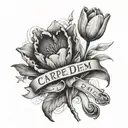 tulip flower, cross, reaching hands pointing towards, carpe diem text tattoo design idea