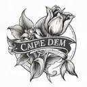 tulip flower, cross, reaching hands pointing towards, carpe diem text tattoo design idea