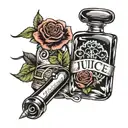 jen&juice bottle with words on bottle a couple of roses a set of black dice and glasses  tattoo design idea