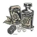 jen&juice bottle with words on bottle a couple of roses a set of black dice and glasses  tattoo design idea
