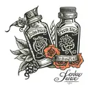 jen&juice bottle with words on bottle a couple of roses a set of black dice and glasses  tattoo design idea