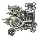 jen&juice bottle with words on bottle a couple of roses a set of black dice and glasses  tattoo design idea