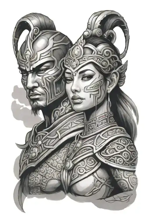 face male and female warrior meditating tattoo design idea