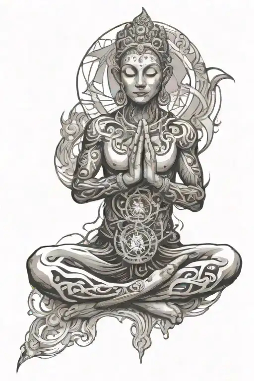 Abstract design of a meditating figure surrounded by swirling energy representing the flow of chakras tattoo design idea