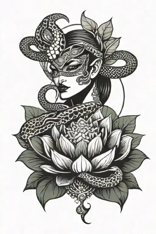 villian,snakes,snake eyes,green eyes, holding lotus flower,half moon on forehead  tattoo design idea