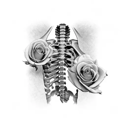 Human spine and ribs bones with roses between some ribs tattoo design idea