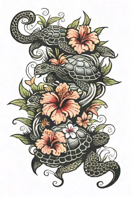 red hibiscus flower blooming and turtles swimming underwater tattoo design idea