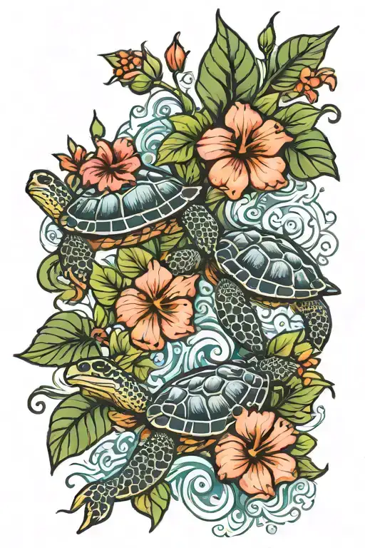hibiscus flowers and turtles swimming together tattoo design idea