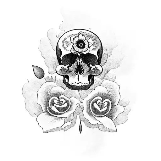 blackout sleeve with a few red poppy flowers and skulls that look like they are in the background tattoo design idea