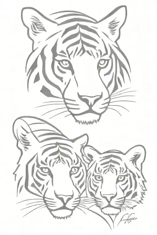 fine line tattoo of mother tiger with two cubs face only tattoo design idea