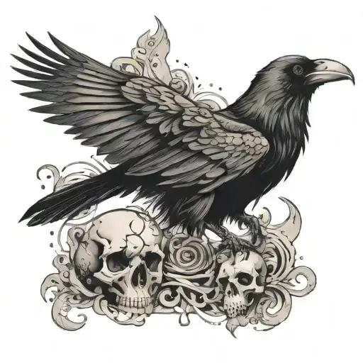A raven with a skull and crossbones tattoo on its wing, surrounded by musical notes tattoo design idea