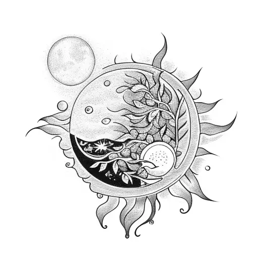 floral sun and moon with vines  tattoo design idea