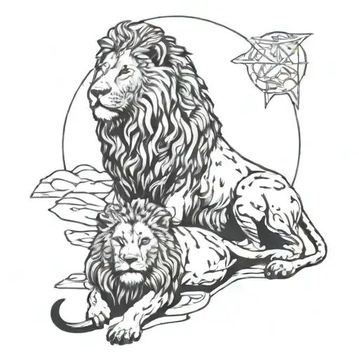 A majestic lion standing next to a figure resembling Jesus in a serene setting tattoo design idea