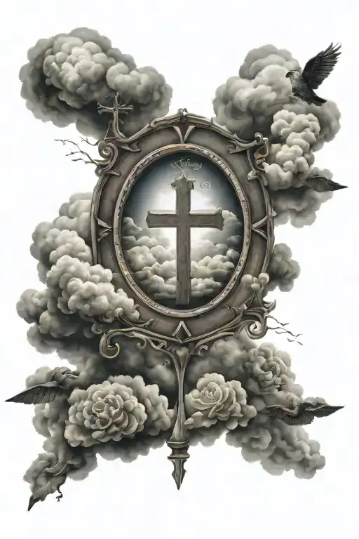 forearm tattoo with three crosses on the wrist, clouds as the background, and psalms 23:4 across the clouds. tattoo design idea