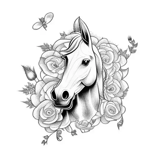 A tattoo of a horse galloping through a field of flowers, with words in different languages flowing around it, styled in blackwork style. tattoo design idea