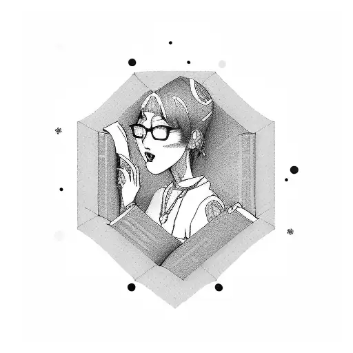 A tattoo of a stylishly dressed person reading a book, with Kpop lyrics incorporated into the background, styled in dotwork style. tattoo design idea