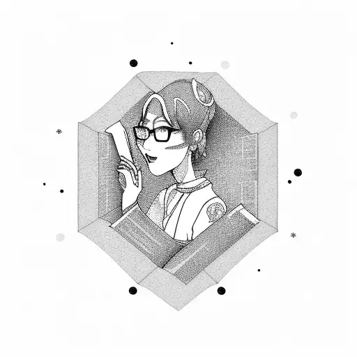 A tattoo of a stylishly dressed person reading a book, with Kpop lyrics incorporated into the background, styled in dotwork style. tattoo design idea