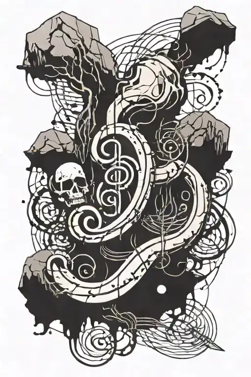 A tattoo design featuring a rock formation intertwined with musical notes and symbols, with a subtle nod to Slipknot's iconic imagery tattoo design idea