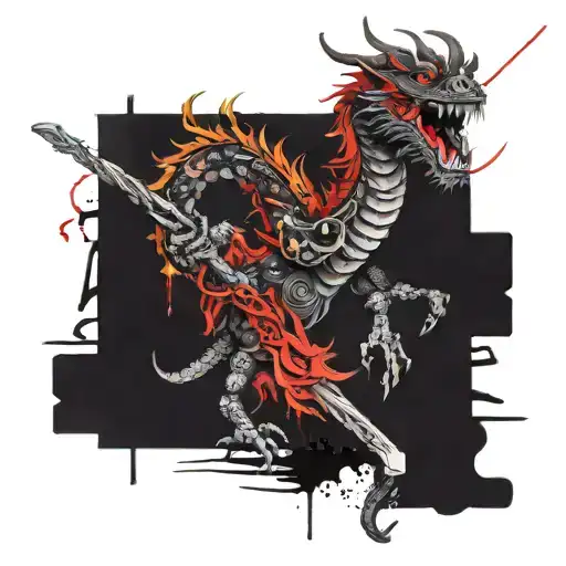 psychedelic chinese dragon with katana among demons tattoo design idea