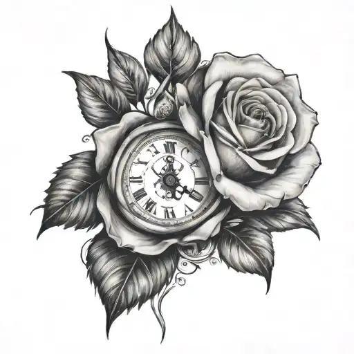 Clock inside a Rose tattoo design idea