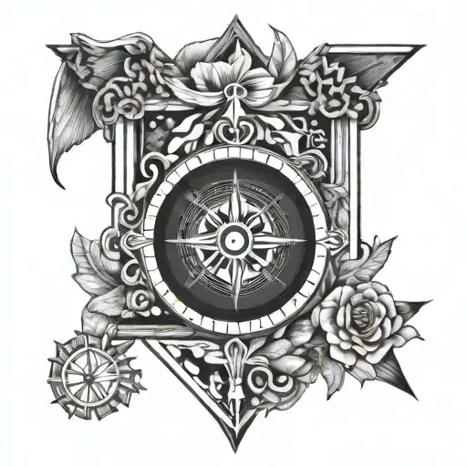 Black and white with a compass, a scale, a heart, an hourglass and praying hands tattoo design idea