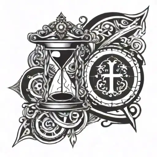 black and white, compass, scales of justice, heart, hourglass, cross tattoo design idea