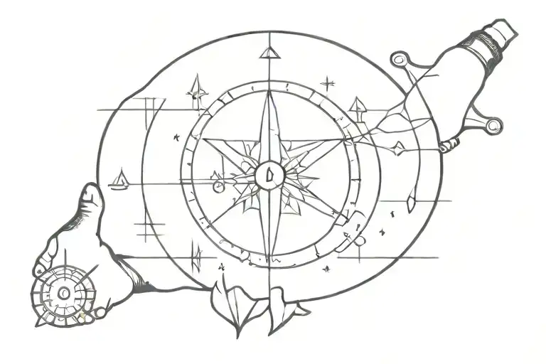 Black and white with a compass, a scale, a heart, an hourglass and praying hands tattoo design idea