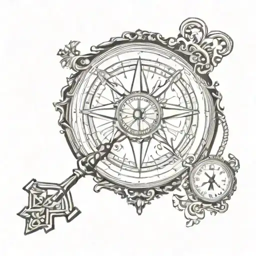 black and white, compass, justice, heart, hourglass, cross tattoo design idea