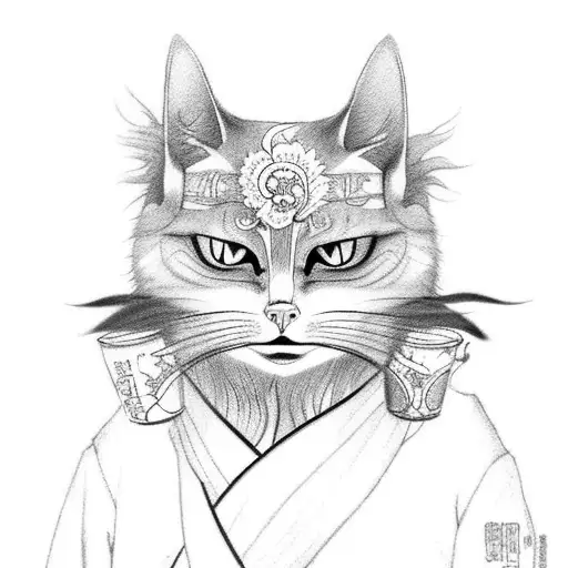 japanese cat with kimono and kitsune mask tattoo design idea