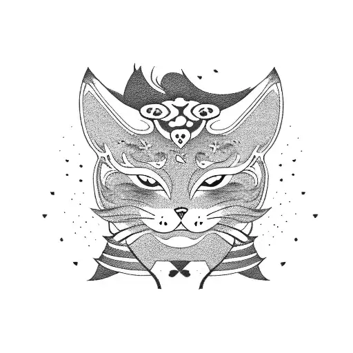 japanese cat with kimono and kitsune mask tattoo design idea
