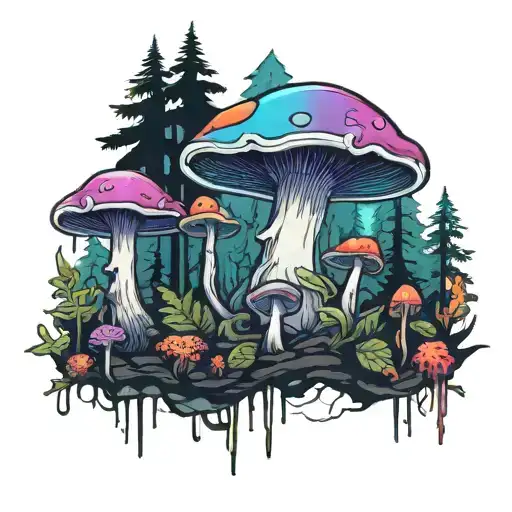 colorfull mushrooms inside the dark forest scene tattoo design idea