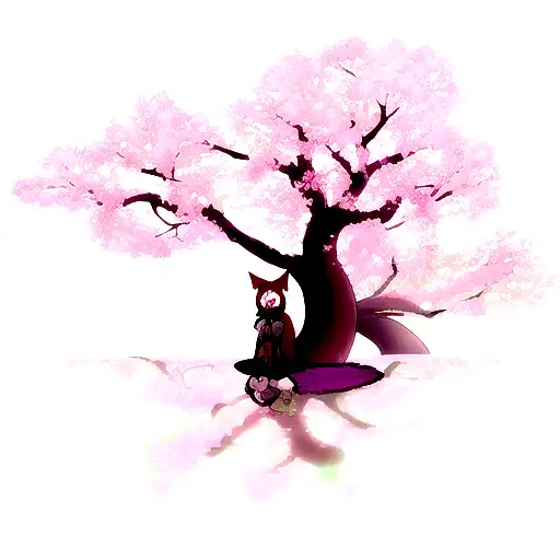 kitsune with cherry blossom trees with purple and maroon colors  tattoo design idea