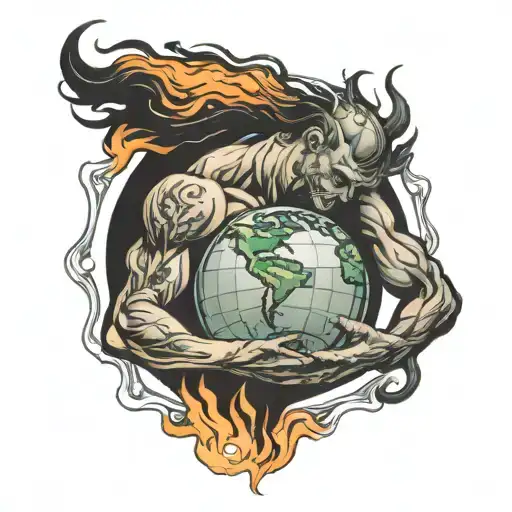 atlas holding the globe world on fire tattoo design idea