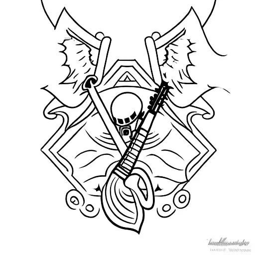 Create a minimalist tattoo of a soldier playing a guitar with a shadow in the shape of a bat's wings (Murciélago alas) tattoo design idea